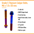 Titanium Caliper Bolts 2-Pack M6x50mm Burnt Blue specifications