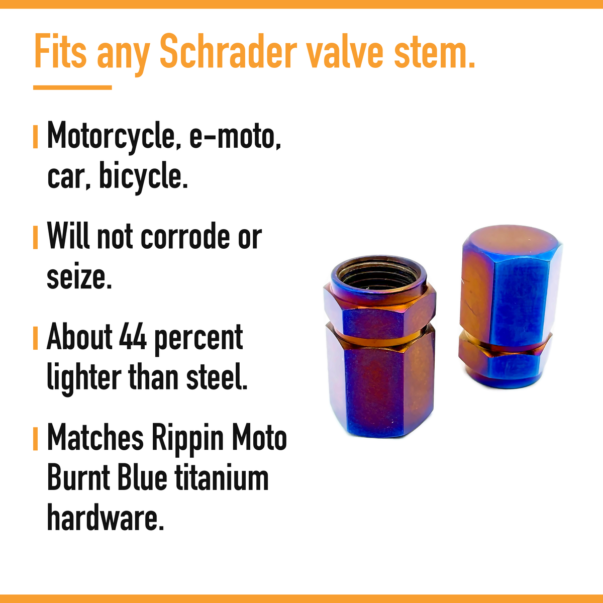Titanium Valve Stem Caps 2-Pack Burnt Blue features
