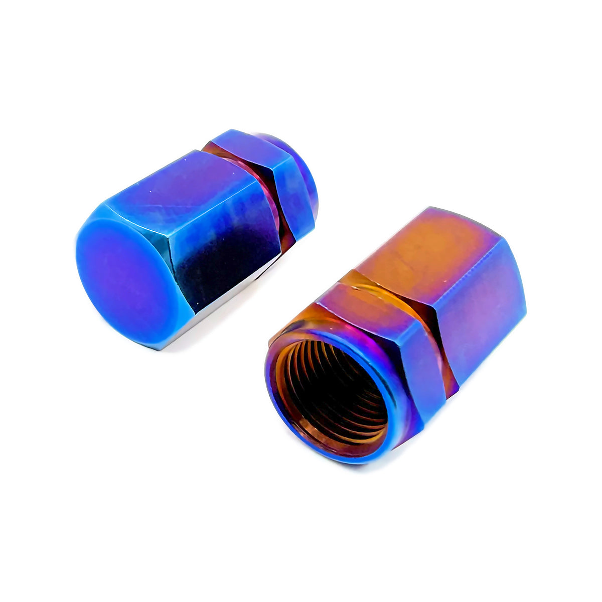 Titanium Valve Stem Caps 2-Pack in Burnt Blue, detail view