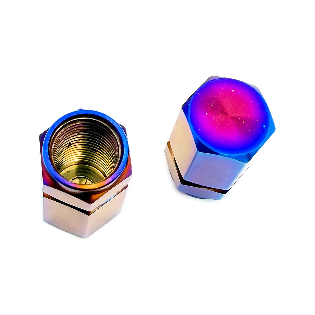 Titanium Valve Stem Caps 2-Pack in Burnt Blue, thread view