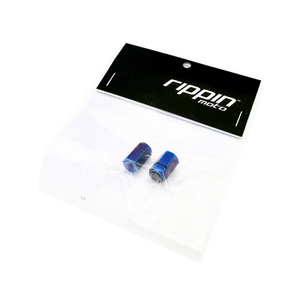 Titanium Valve Stem Caps 2-Pack in Burnt Blue, retail pack