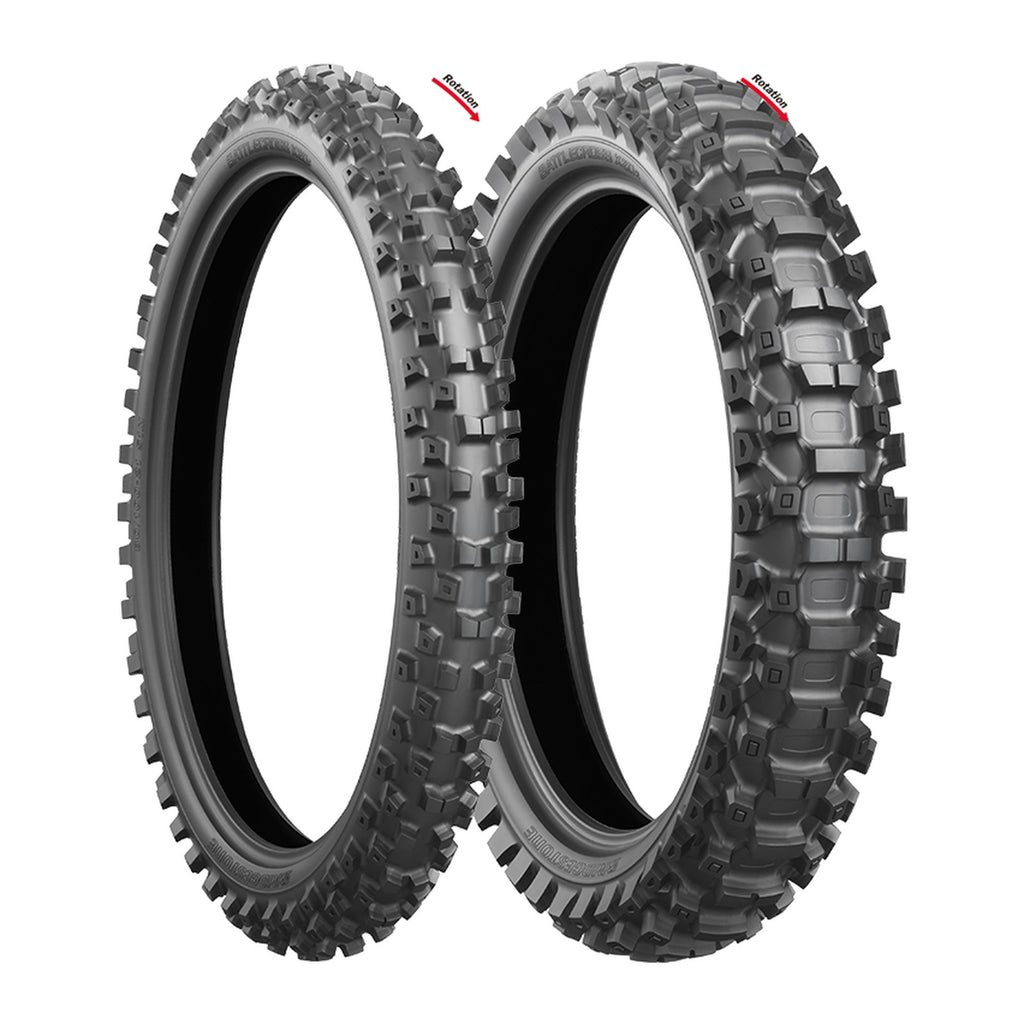 Bridgestone Battlecross X20 front and rear tires, three-quarter view